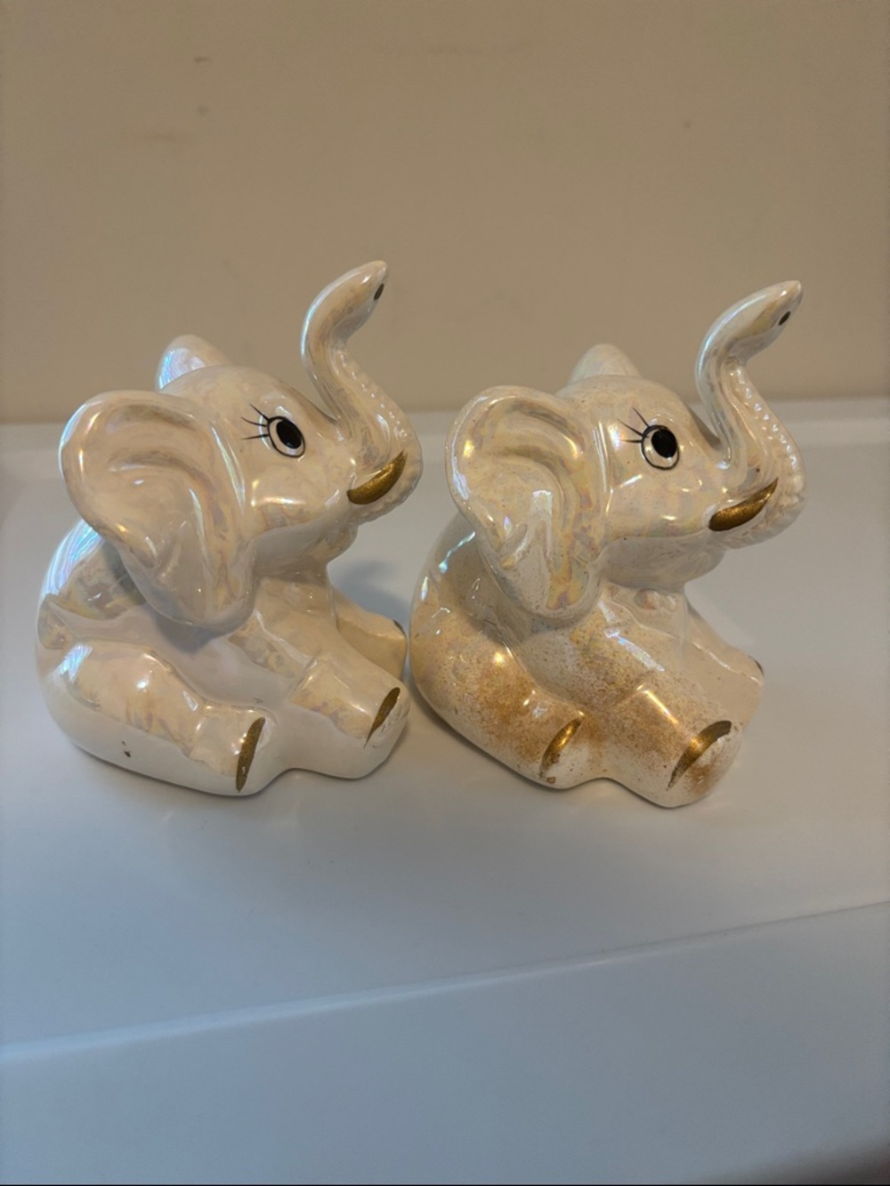 Pearlescent Ceramic Elephant Figurine Pair with Gold Accents
